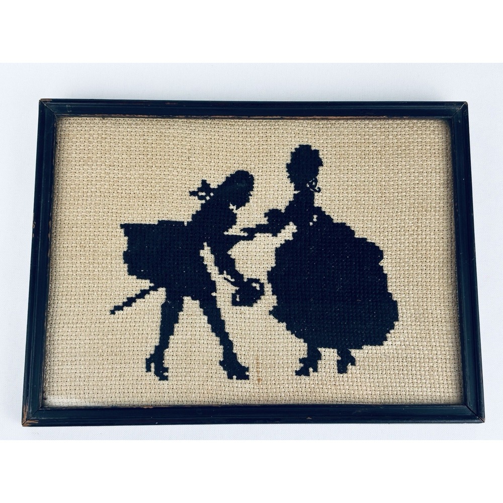Vintage Framed Silhouette Needlepoint Embroidery Cross Stitch Victorian Couple